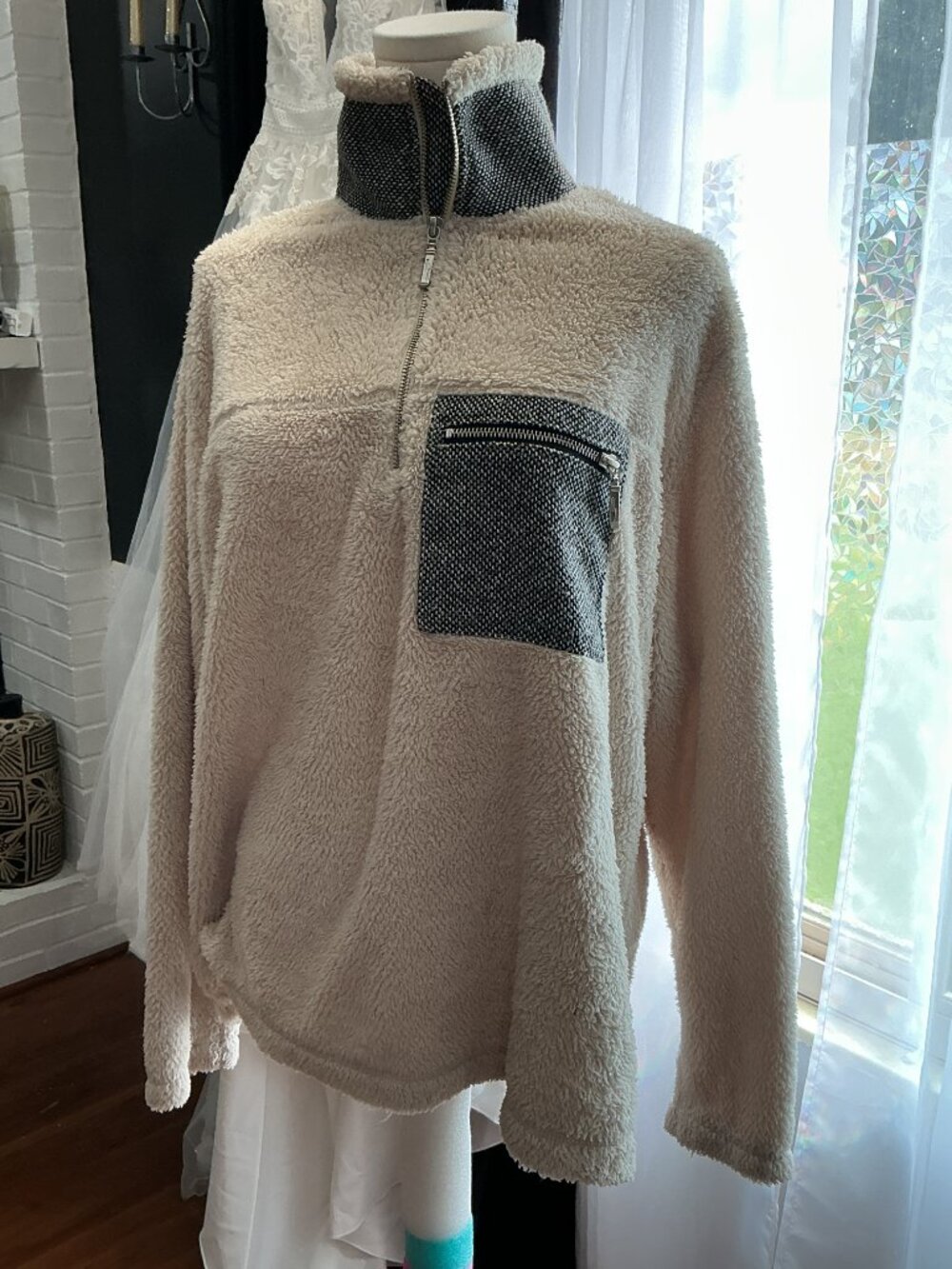 Natural Reflections Sherpa Quarter Zip Pullover Women's Large Cream Fleece
